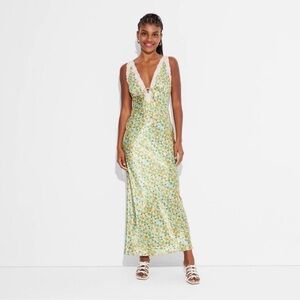 Wild Fable Satin Lace Trim Midi Slip Dress Floral
